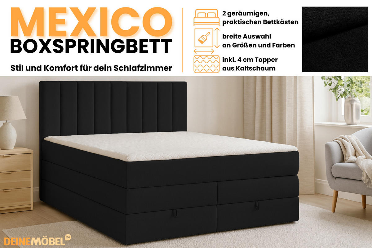 BOXBETT MEXICO 140/200 in Velours Schwarz mit Doppelmatratze - Schwarz, Holz/Holzwerkstoff (140/200cm) - Deine Möbel 24