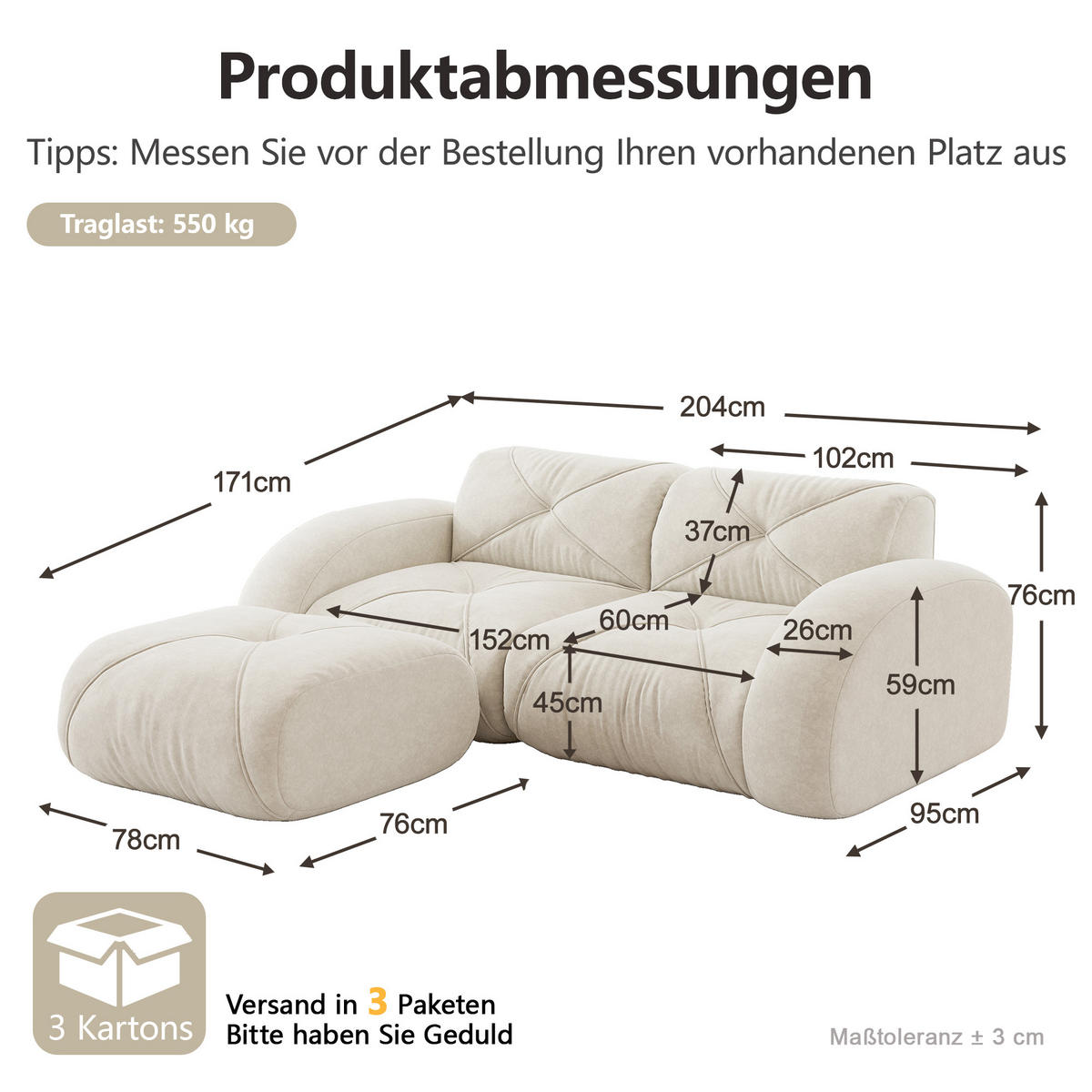 2-SITZER-SOFA DE-34276 mit Hocker Beige - Beige, Textil (171/76/204cm) - ComfortXL