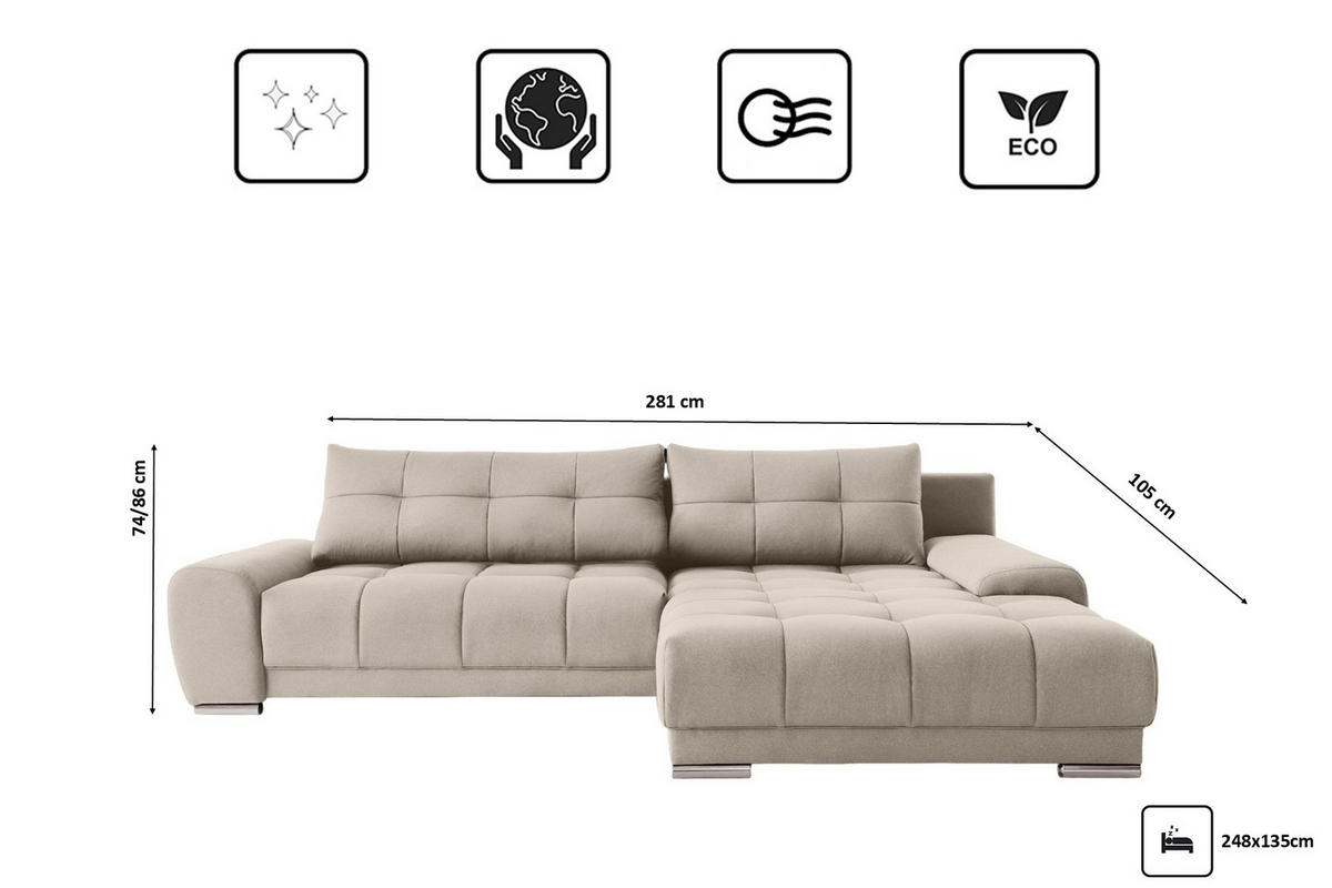 ECKSOFA WAVE Mit Schlaffunktion, Stoff SORO, Hellbeige Rechts - Creme, Holz (281/105cm) - Kaiser Möbel