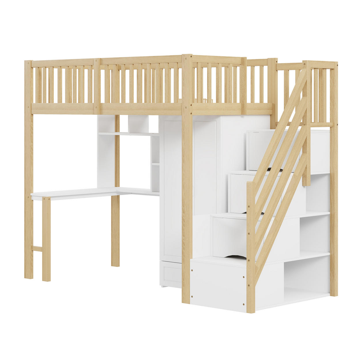 HOCHBETT 90/200 cm aus Holzwerkstoff mit Kleiderschrank, Schreibtisch, Regal und Treppe mit Schubladen, Natur/Weiß - Naturfarben, Holzwerkstoff (90/200cm) - Redom