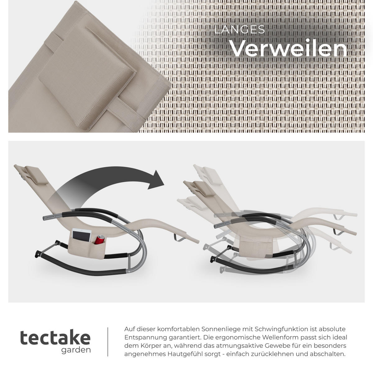 GARTENLIEGE Taya,abnehmbares Kopfpolster, seitliche Aufbewahrungstasche,beige - Beige, Kunststoff (62/92/142cm) - tectake