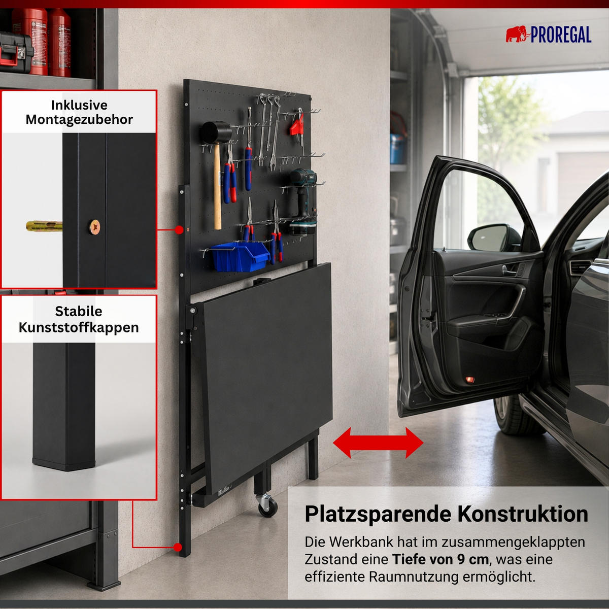 WERKBANK klappbar für Wandmontage TITAN mit Werkzeug Lochwand - Schwarz, Metall (115/144/63cm) - PROREGAL