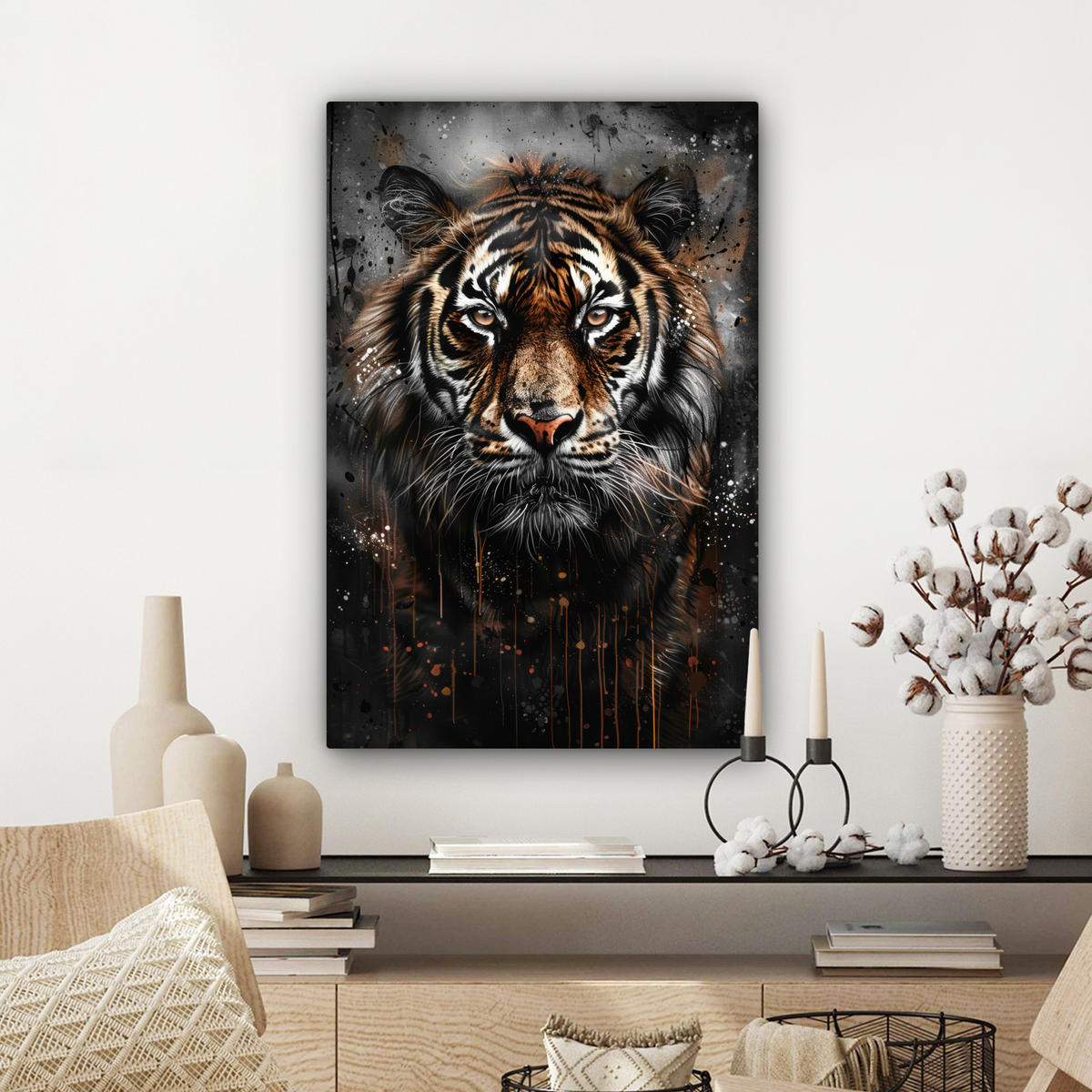 LEINWANDBILD Tiger - Tiere - Porträt - Luxus - Schwarz 60x90 cm - Anthrazit, Textil (60/90cm) - MuchoWow