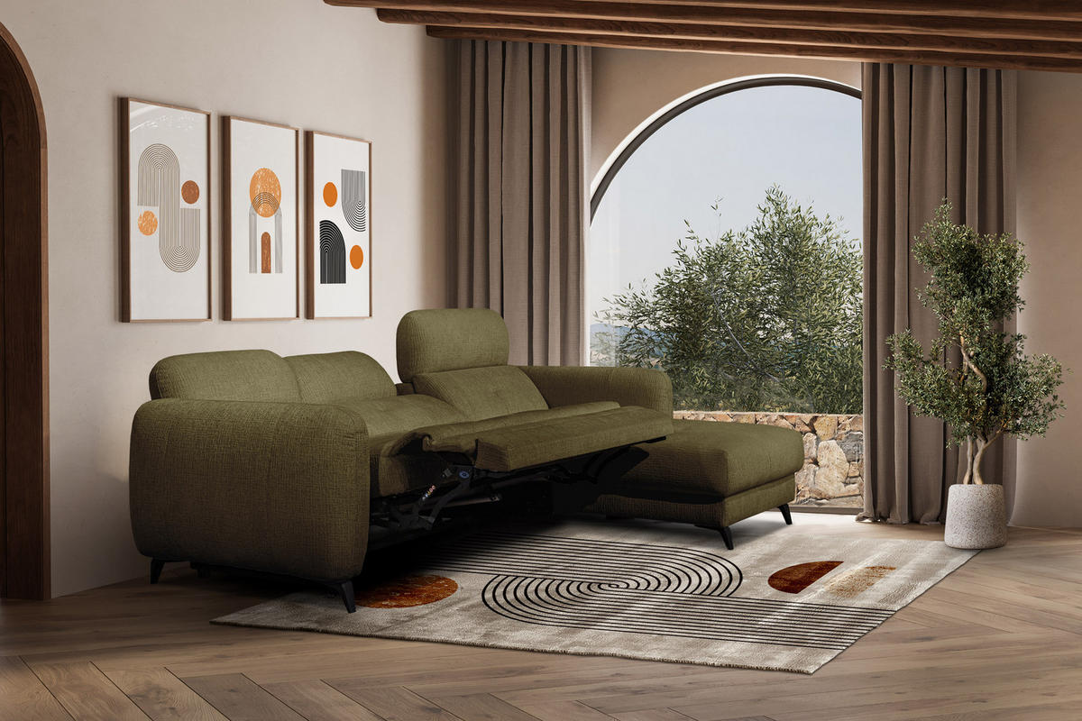 ECKSOFA SVEN 3-Sitzer, 1 Relax XL, verstellbare Kopfstützen, olivgrün - Schwarz/Olivgrün, Holzwerkstoff/Textil (256/163cm) - Courtois Laville