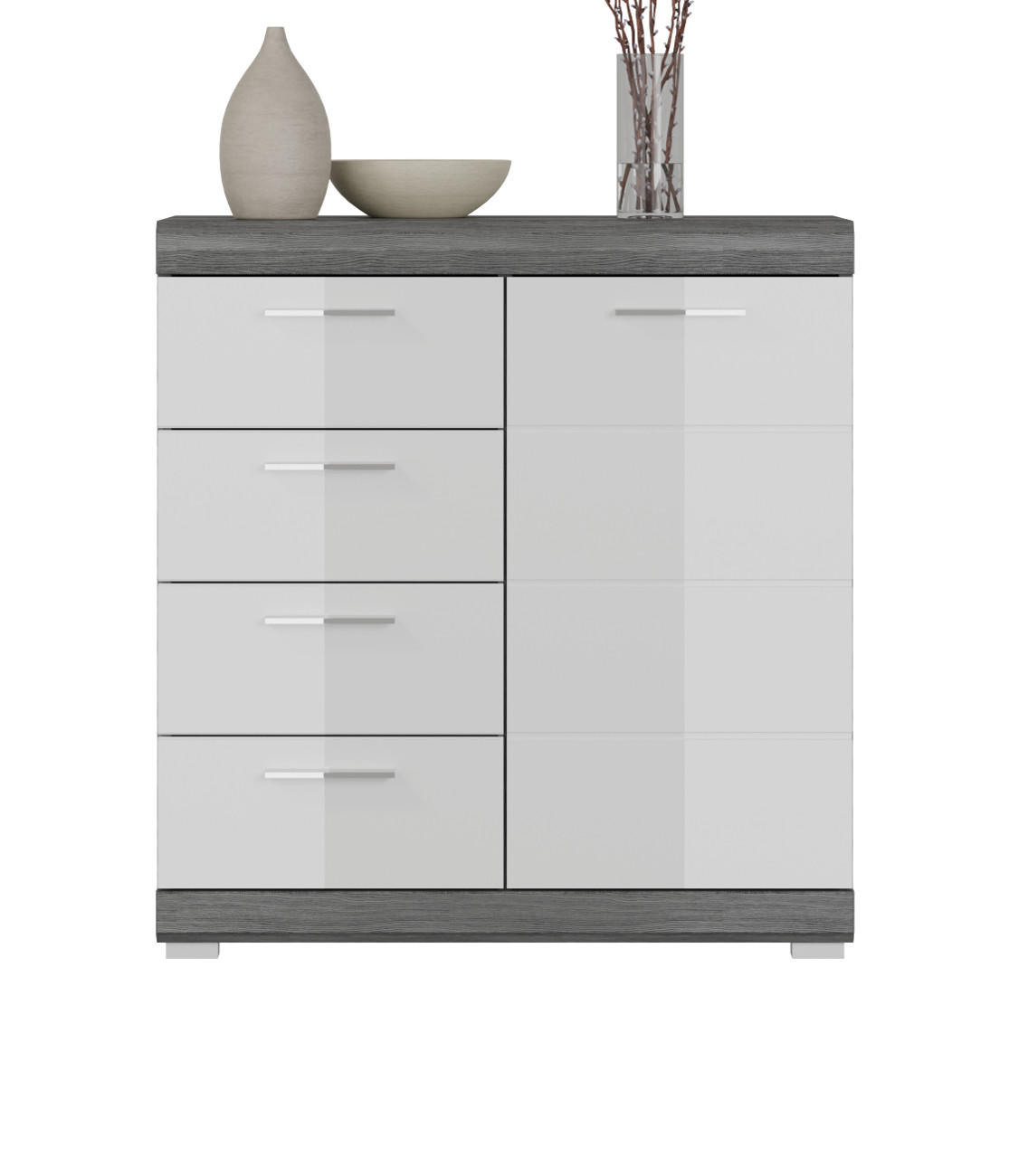 KOMMODE weiß Hochglanz, Rauchsilber grau 80 x 85 cm, 4 Schubladen - Weiß Hochglanz/Silberfarben, Holzwerkstoff/Kunststoff (80/85/37cm) - Inn.Furn