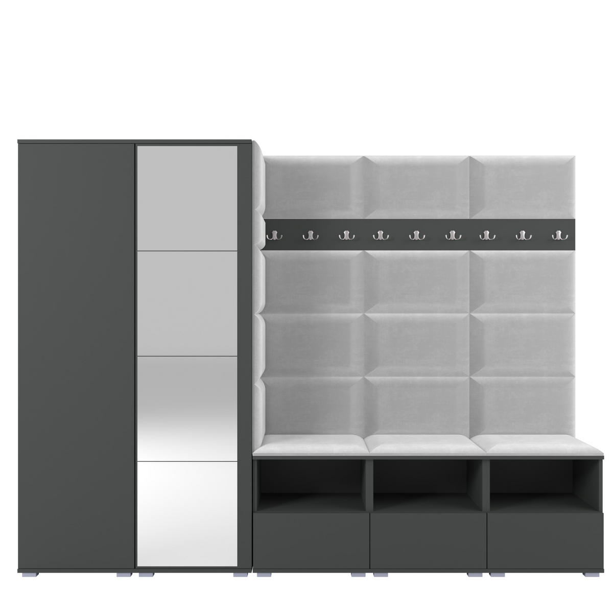GARDEROBE NELA VII 250 cm (Modulare Flurmöbel XL Graphit mit Spiegel & Sitzpolster Hellgrau 32 Universell) - Silberfarben/Hellgrau, Holz/Holzwerkstoff (250/187/40cm) - Ravio
