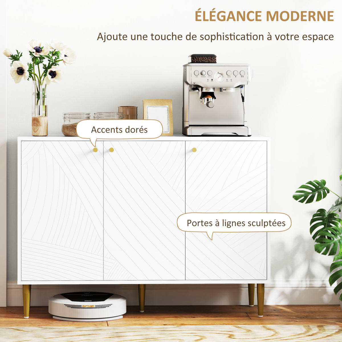 SIDEBOARD DE-11126 3 Türen mit verstellbaren Böden & Goldfüßen Weiß - Weiß, Holzwerkstoff (107/77/35cm) - ComfortXL