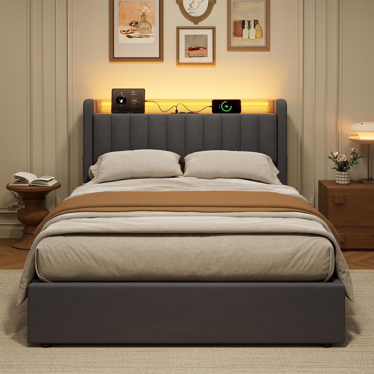 POLSTERBETT 140/190 cm in Dunkelgrau Samt mit Bettkasten und gepolstertes Kopfteil - Dunkelgrau, Holzwerkstoff/Textil (140/190cm) - CHICFURN