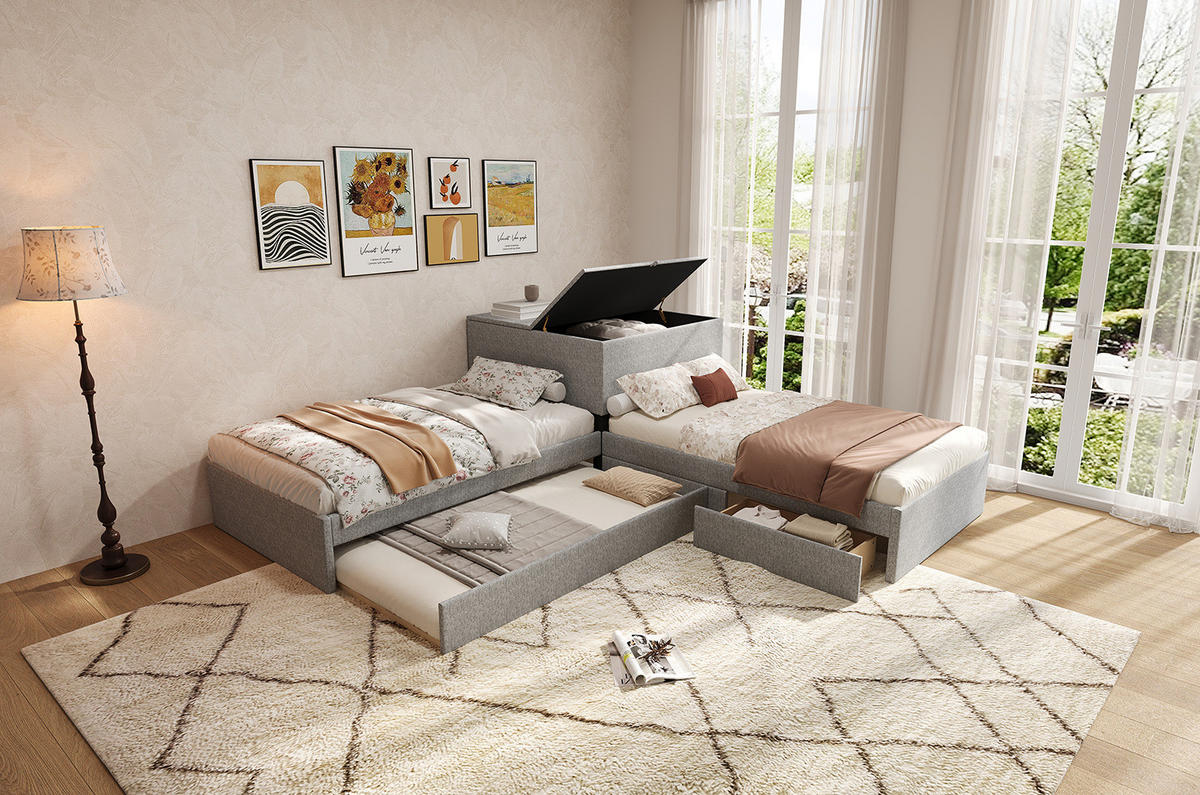 POLSTERBETT 90/200 cm grau aus Leinen mit Ausziehbett und Stauraum - Grau, Textil - OKMYHOME