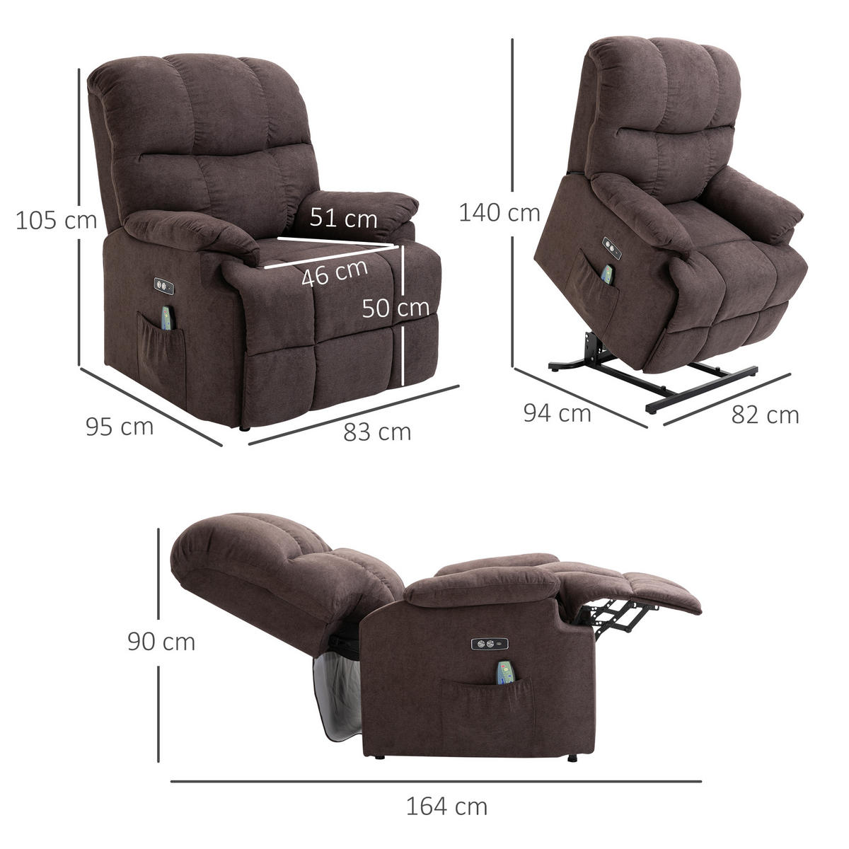 SESSEL mit Aufstehhilfe, Massagesessel, Relaxsessel mit USB-Anschluss, Samt - Braun, Kunststoff (95/105/83cm) - HOMCOM