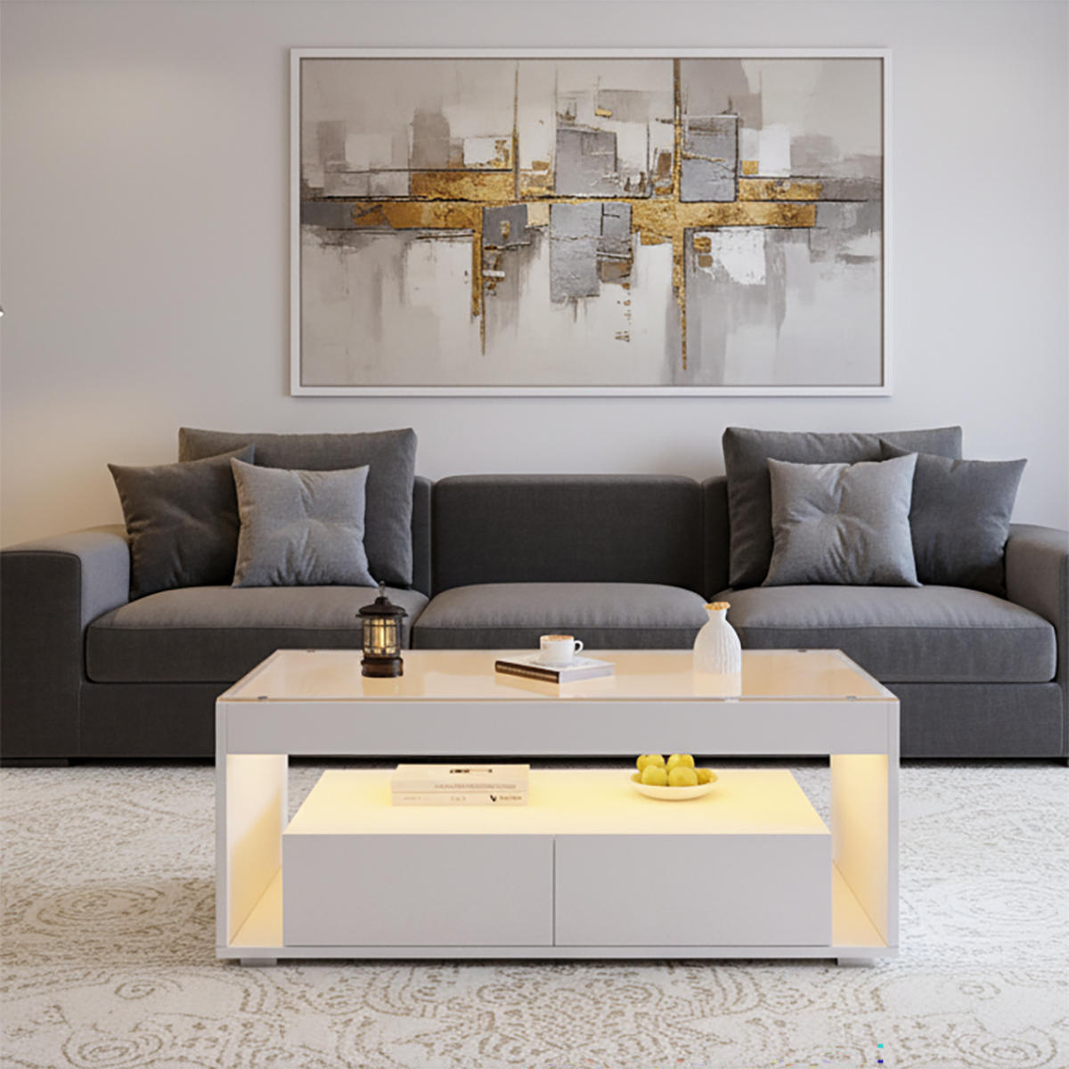 COUCHTISCH Weiß Hochglanz mit LED & 2 Schubladen - Beige, Holzwerkstoff (50/100/40cm) - Urban Meuble