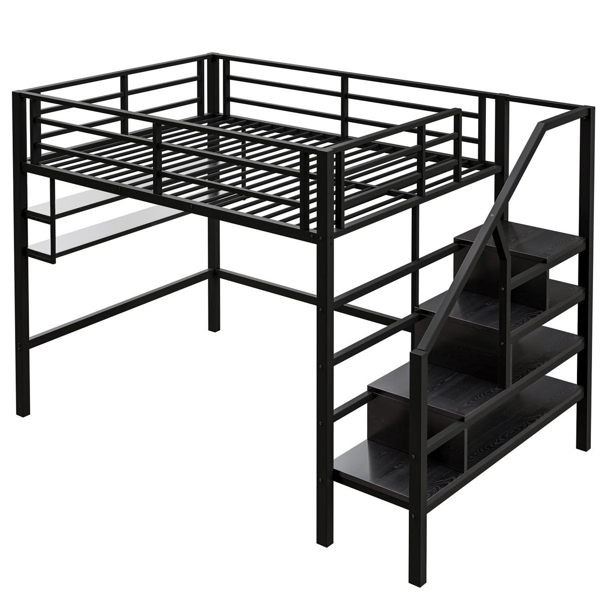 HOCHBETT 140/200 cm mit Stauraumleiter, Regalfächern, Geländer und Metallgestell, Schwarz - Schwarz, Metall (140/200cm) - Redom