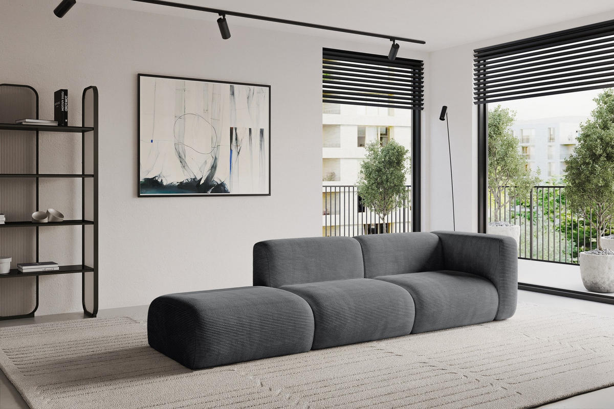 SOFA Ottomane Rechts MIRA-S3 296x89x70 Dunkelgrau Cord - Dunkelgrau/Schwarz, Holzwerkstoff/Kunststoff (296/70/89cm) - ALTDECOR