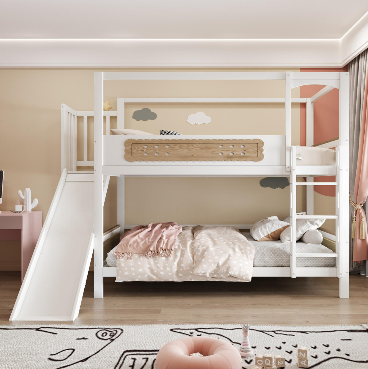 ETAGENBETT 90/200 cm mit Rutsche, breiter Sicherheitsleiter und Hausrahmen, Natur/Weiß - Naturfarben, Holzwerkstoff (90/200cm) - Redom