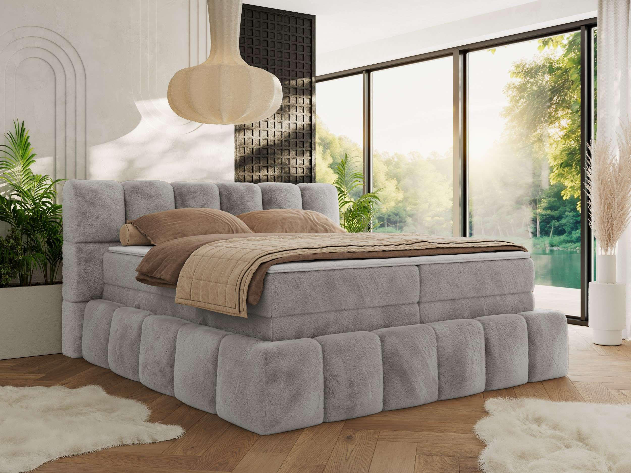 BOXSPRINGBETT NIRA KING 180/200 Hellgrau Plüsch - H3 - Hellgrau, Holz/Textil (180/200cm) - MKS