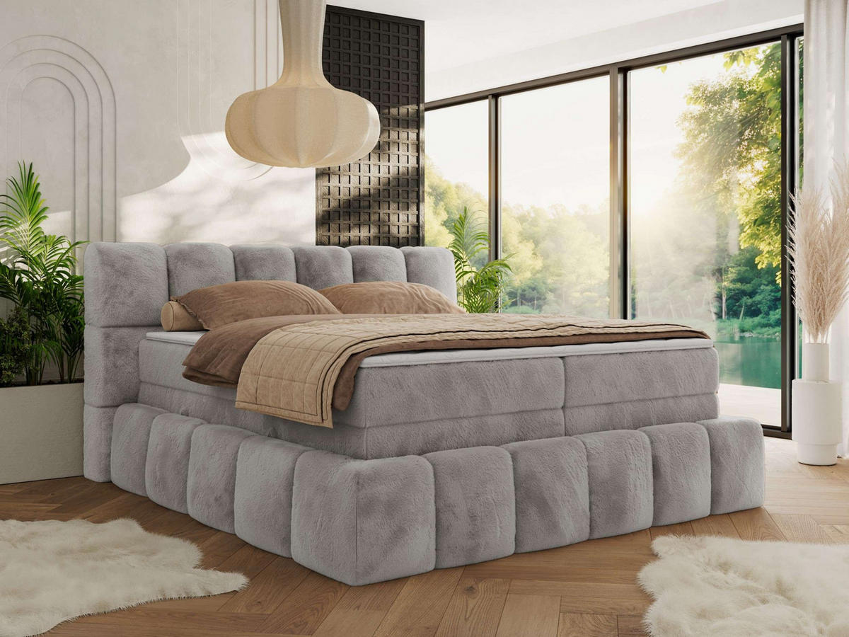 BOXSPRINGBETT NIRA KING 180/200 Hellgrau Plüsch - H3 - Hellgrau, Holz/Textil (180/200cm) - MKS