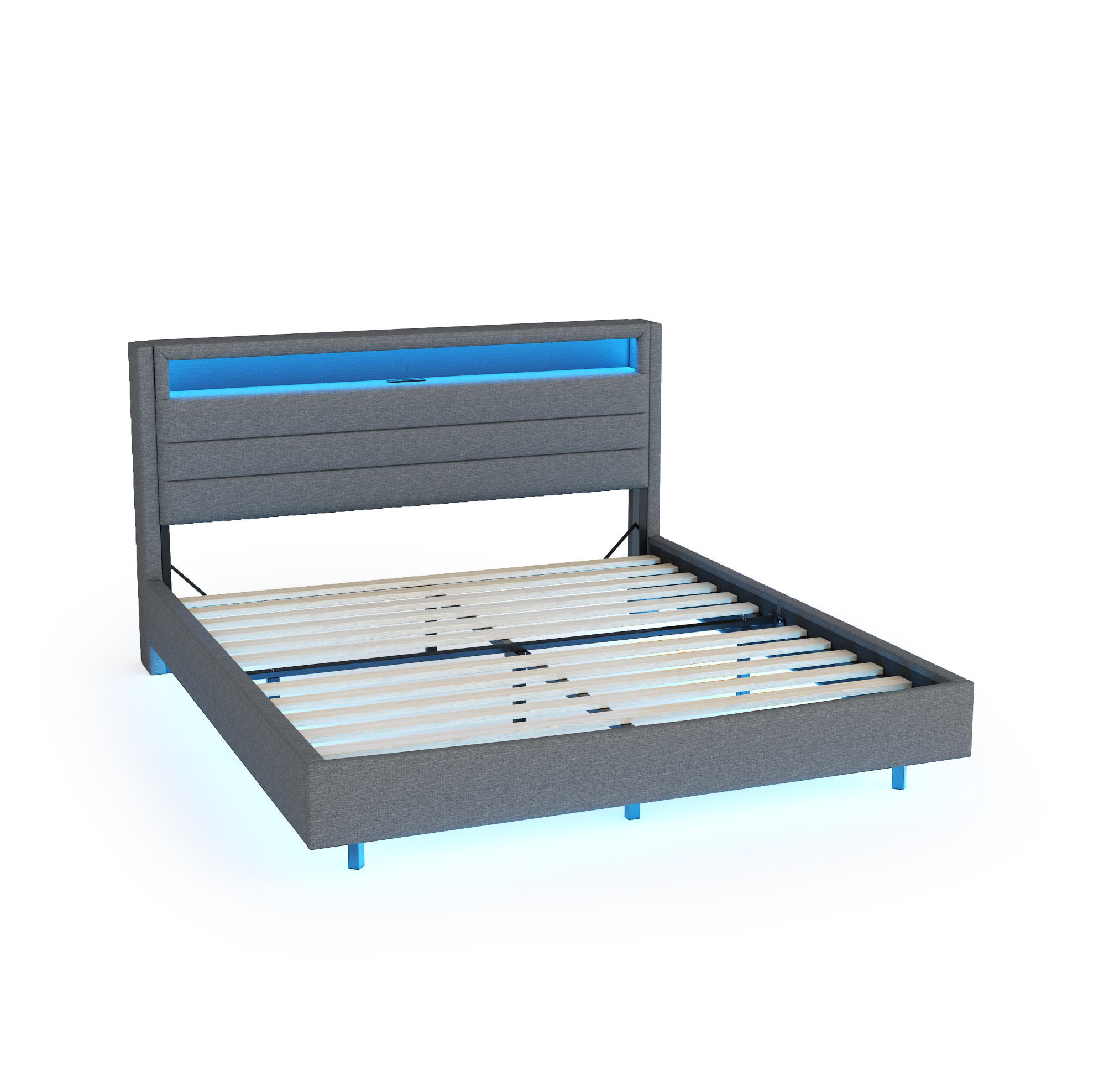 POLSTERBETT aus Leinenstoff 160x200 cm Grau mit USB-Anschluss, LED-Beleuchtung und drehbarem Kopfteil - Grau, Textil (160/200cm) - Modfu