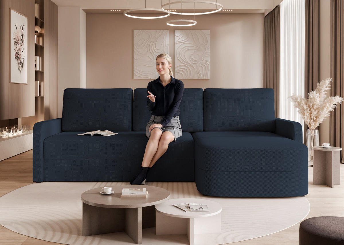 ECKSOFA CERIS mit Schlaffunktion und Bettkasten Marineblau - Dunkelblau, Holzwerkstoff/Kunststoff (250/90cm) - Idohome