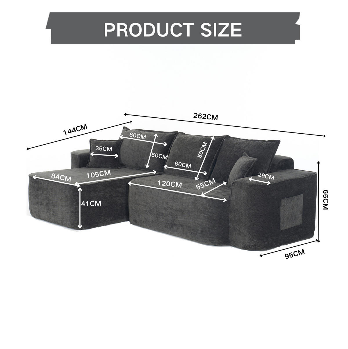 ECKSOFA 262/144/65 cm schwarz aus Chenille mit Chaiselongue und modularem Design - Schwarz, Textil (144/262cm) - OKWISH