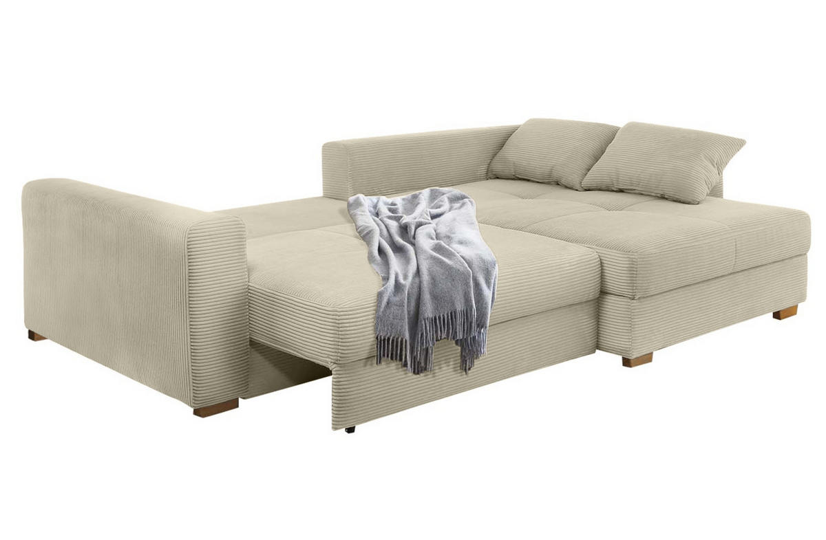ECKSOFA-DAUERSCHLÄFER Federkern Bettkasten, seitenverkehrt montierbar B288/T186/H86 cm, Liegefl. 153x245 cm, Cord Beige Grau / 15154 - Greige/Eichefarben, Holz/Textil (288/186cm) - luma-home