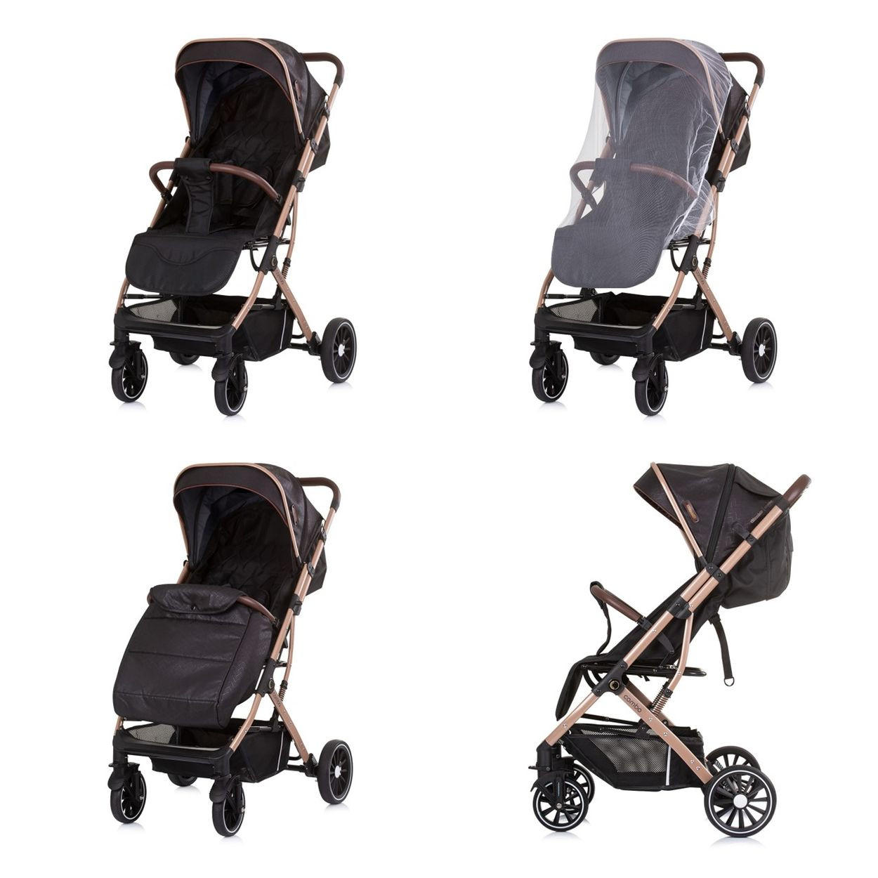 BUGGY Combo 22 kg schwarz gold Fußabdeckung Moskitonetz Räder gefedert - Schwarz, Metall (75/60/103cm) - Chipolino