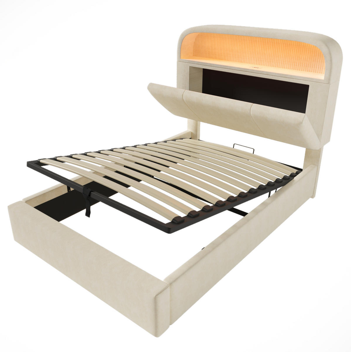 POLSTERBETT 90/200 cm Beige aus Samt mit Stauraum, LED-Beleuchtung und USB - Beige, Textil (90/200cm) - Flora Grace