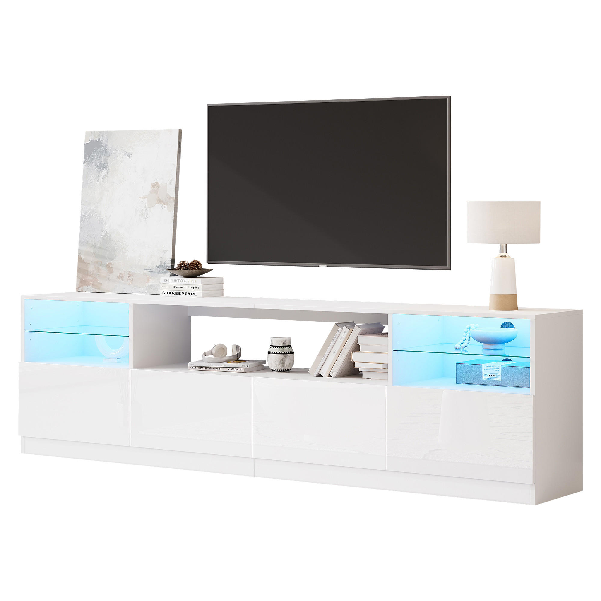 LOWBOARD in Weiß mit LED-Beleuchtung für Wohnzimmer, B180/T35/H60 cm - Weiß, Glas/Holzwerkstoff (180/60/35cm) - STILVORA