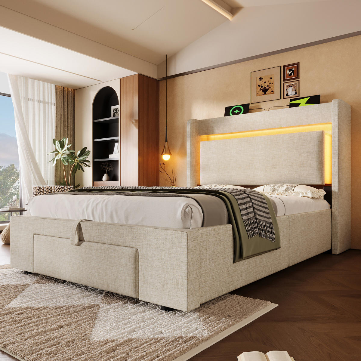 POLSTERBETT mit Stauraum 90x200 cm Leinen Beige mit LED - Beige, Metall (90/200cm) - Meubliv