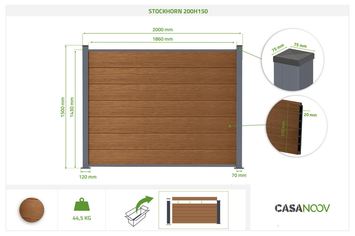 VERBUNDZAUN 2 m STOCKHORN H. 150 cm auf Teakholz-Sockel - Braun, Holzwerkstoff (200/150cm) - Casanoov