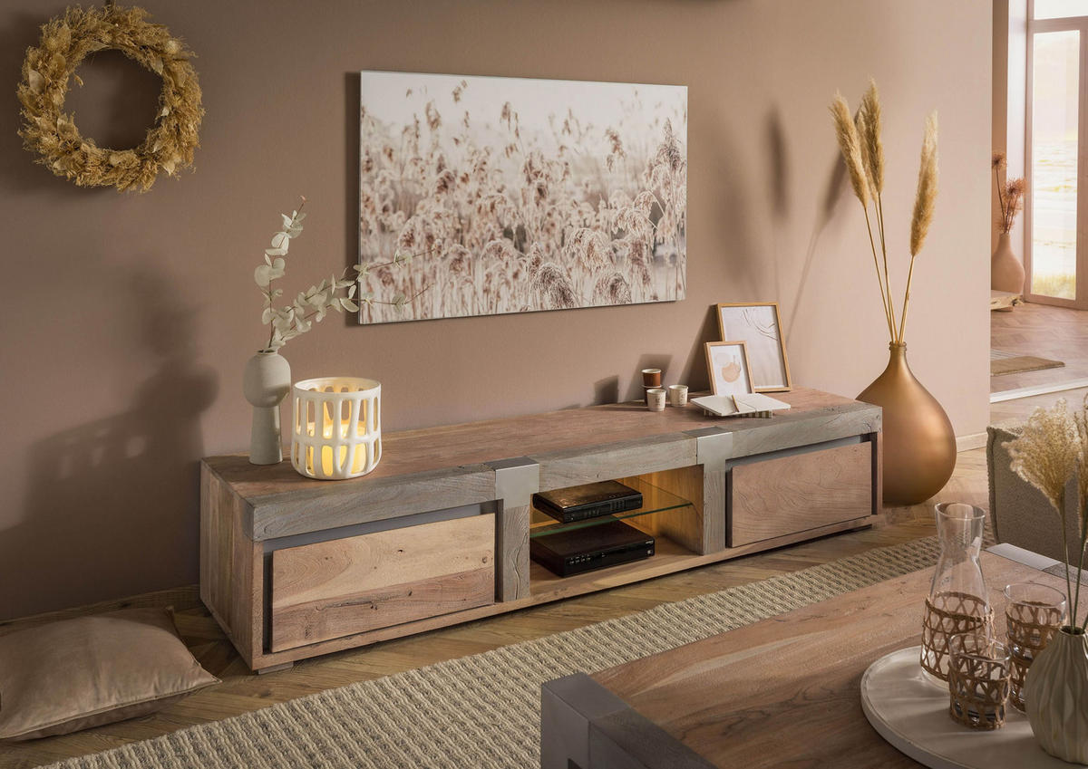 TV-BOARD Akazie 205x48x39 beige lackiert Amsterdam #102 - Beige, Holz (205/39/48cm) - Massivmoebel24