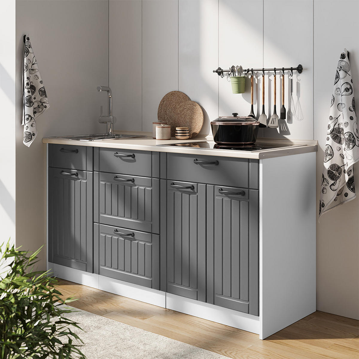 KUCHYNSKÝ BLOK Fame-Line, Tmavo-sivá/biely, 150 cm, AP Oak - biela/tmavosivá, kompozitné drevo (150/82/60cm) - Vicco