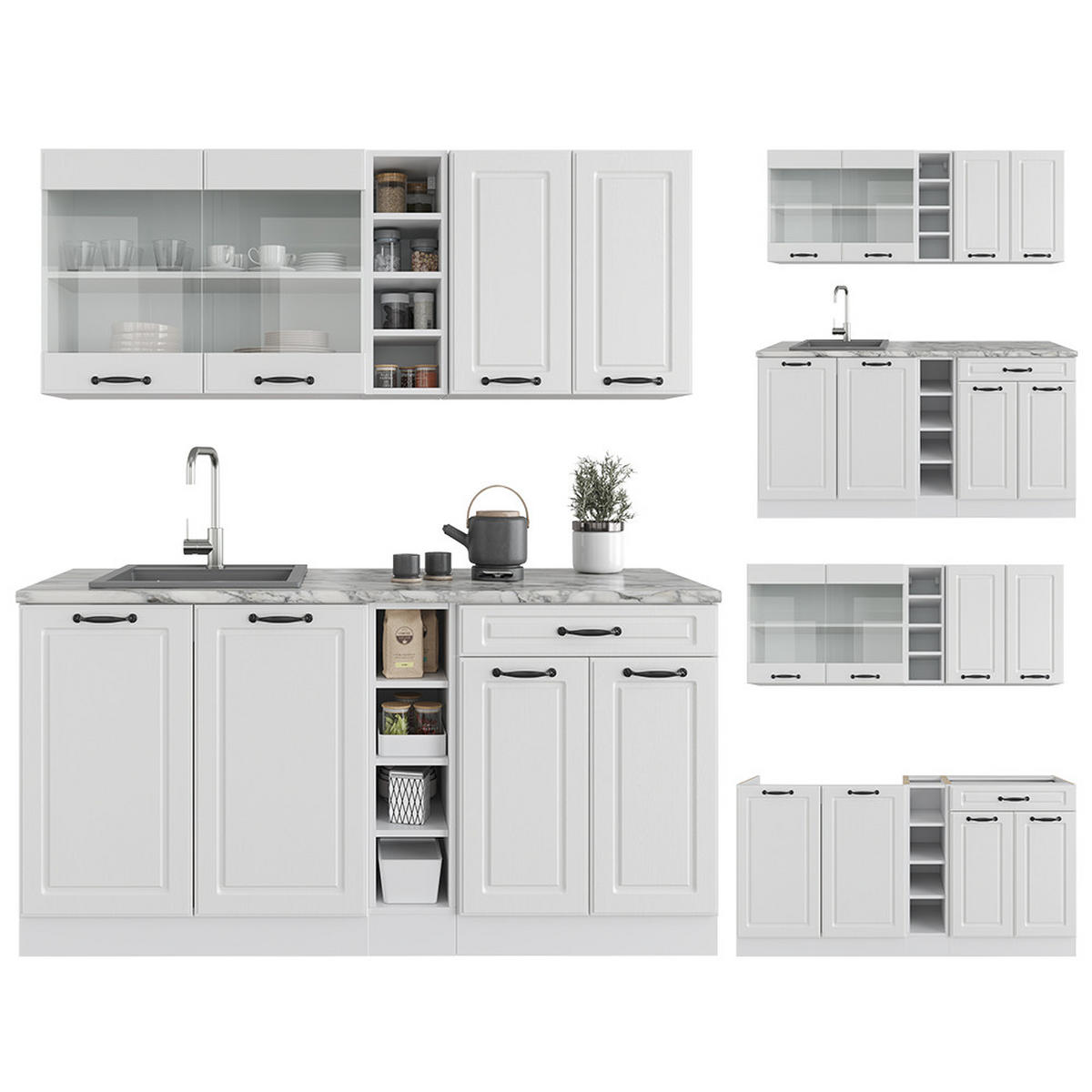 SINGLEKÜCHE R-Line Weiß Landhaus/Weiß 160 cm, AP Marmor - Creme/Weiß, Holzwerkstoff (160/81.6/60cm) - Vicco
