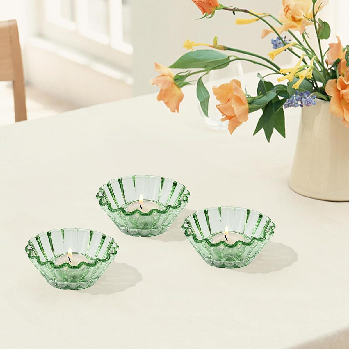 TEELICHTHALTER 3er Set Glas Grün - Hellgrün, Glas (4.5cm)