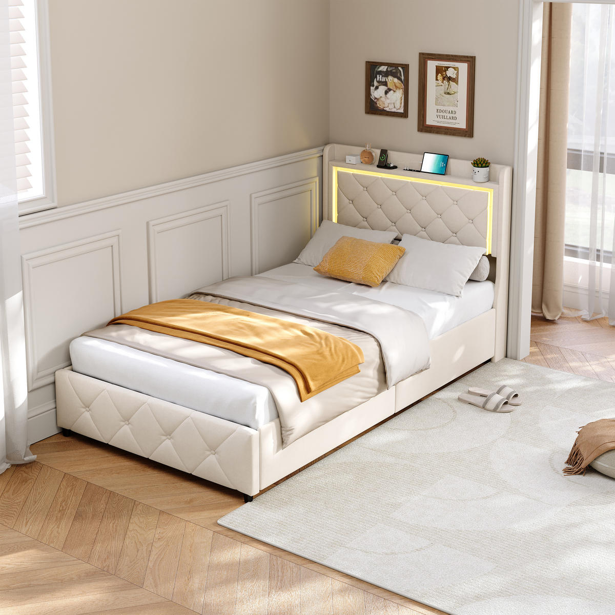 POLSTERBETT 90x200 cm LED USB Stauraum 4 Schubladen Lattenrost beige - Beige, Holz (90/200cm) - LEBENLANG