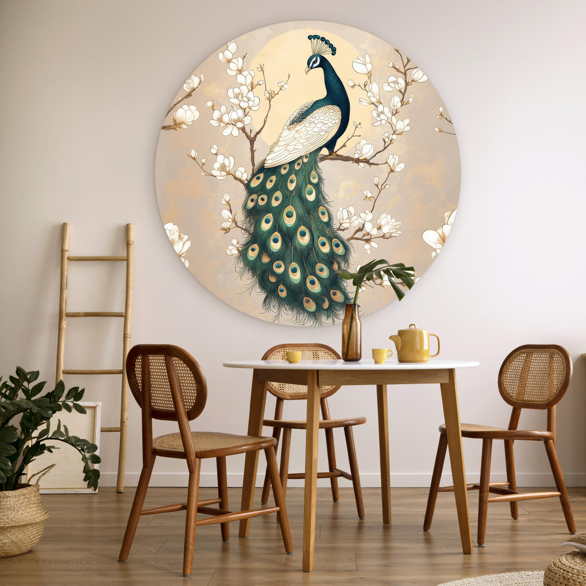 WANDBILD Pfau - Zweig - Blumen 140x140 cm - Champagner, Kunststoff (140/140cm) - MuchoWow
