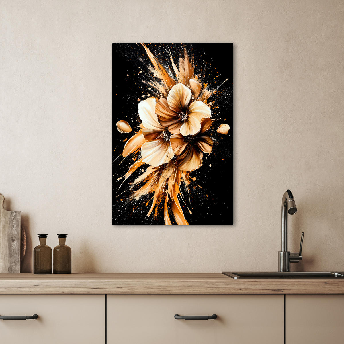 LEINWANDBILD Blumen - Gold - Graffiti - Schwarz - Abstrakt 40x60 cm - Cappuccino, Textil (40/60cm) - MuchoWow