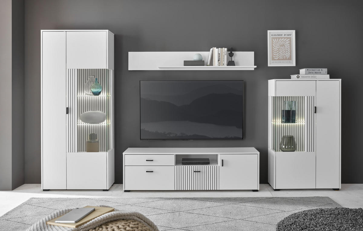 VITRINE weiß matt, Highboard 75 x 125 cm mit Soft-Close - Schwarz/Weiß, Glas/Holzwerkstoff (75/125/38cm) - Furn.Design