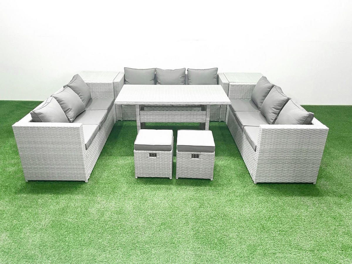 GARTENSET mit Esstisch,Sofa,2 Beistelltischen,2 Kleiner Fußhocker Polyrattan Hellgrau 11-Sitzer - Hellgrau/Grau, Glas/Kunststoff - Fimous