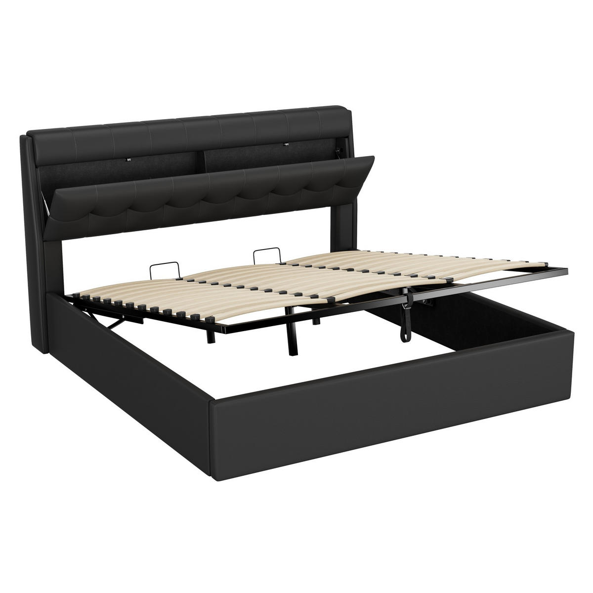 POLSTERBETT 180x200cm Schwarz PU Mit Hydraulik & Verdecktem Stauraum - Schwarz, Leder (180/200cm) - FLIEKS