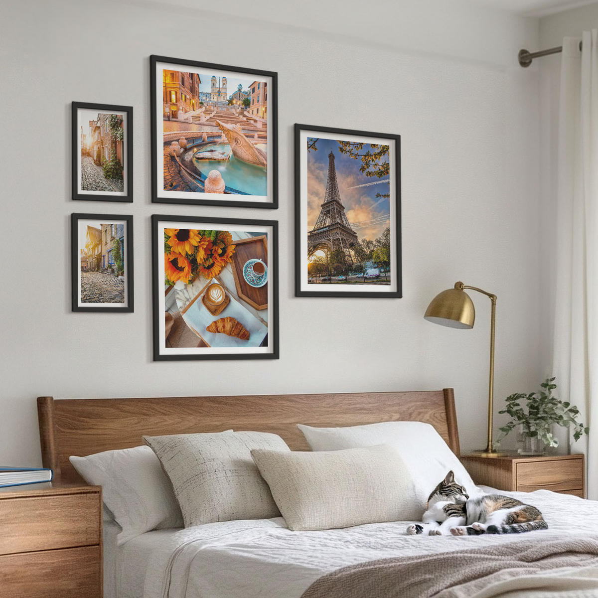 BILDER SET 5er Set - 50x50 cm & 20x30 cm & 40x60 cm Schwarzer Rahmen - Charmante Straßen mit Kaffee - Schwarz, Kunststoff (40/60cm) - TULUP
