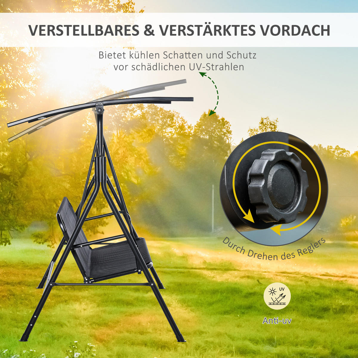 HOLLYWOODSCHAUKEL, UV-beständig, Metallrohr, winkeleinstellbar, Schwarz - Schwarz, Metall (110/155/172cm) - Outsunny