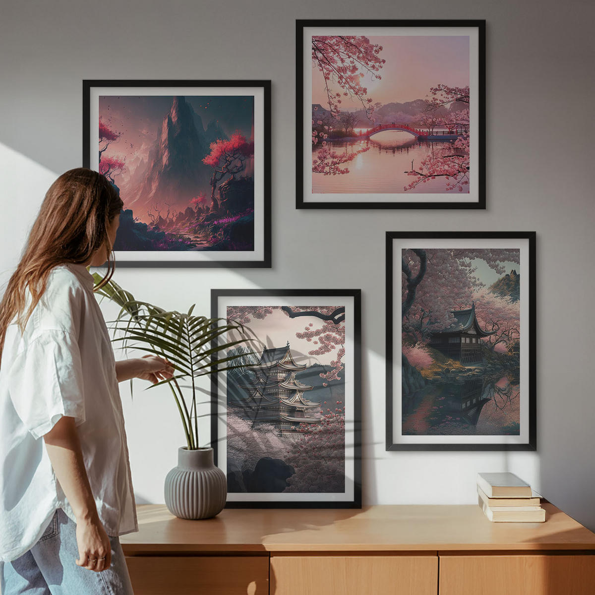WANDBILDER 4er-Set - 50x50 cm & 40x60 cm Schwarzer Rahmen - Fantasielandschaften Japans - Schwarz, Kunststoff (50/50cm) - ArtPrintCave
