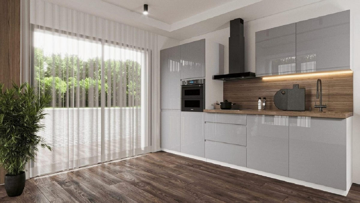 KÜCHENLEERBLOCK 320 cm Aspen K57-M320 in Grau/Hochglanz - Grau, Holz (320/212/60cm)