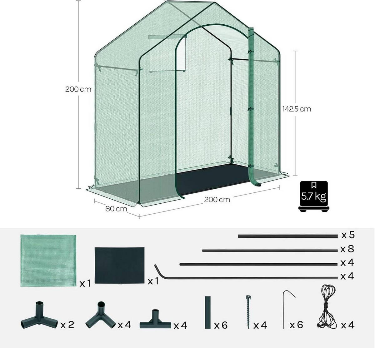 GEWÄCHSHAUS Winterfest, 200x80x200cm, Grün - Grün, Textil/Metall (200/200/80cm) - Woltu