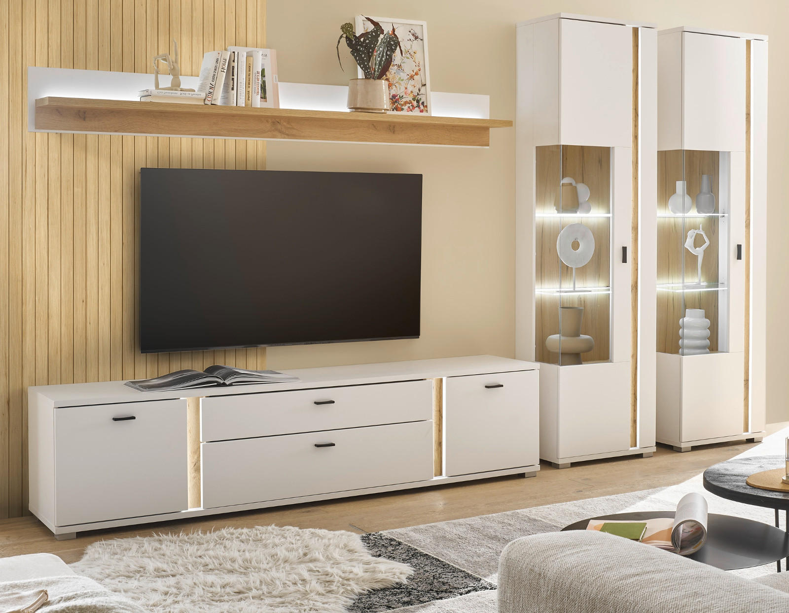 WOHNWAND weiß matt, Wotan Eiche, Wohnkombination inklusive Frontbeleuchtung 330 x 200 cm - Eiche Wotan/Weiß, Holzwerkstoff (330/200/42cm) - Furn.Design