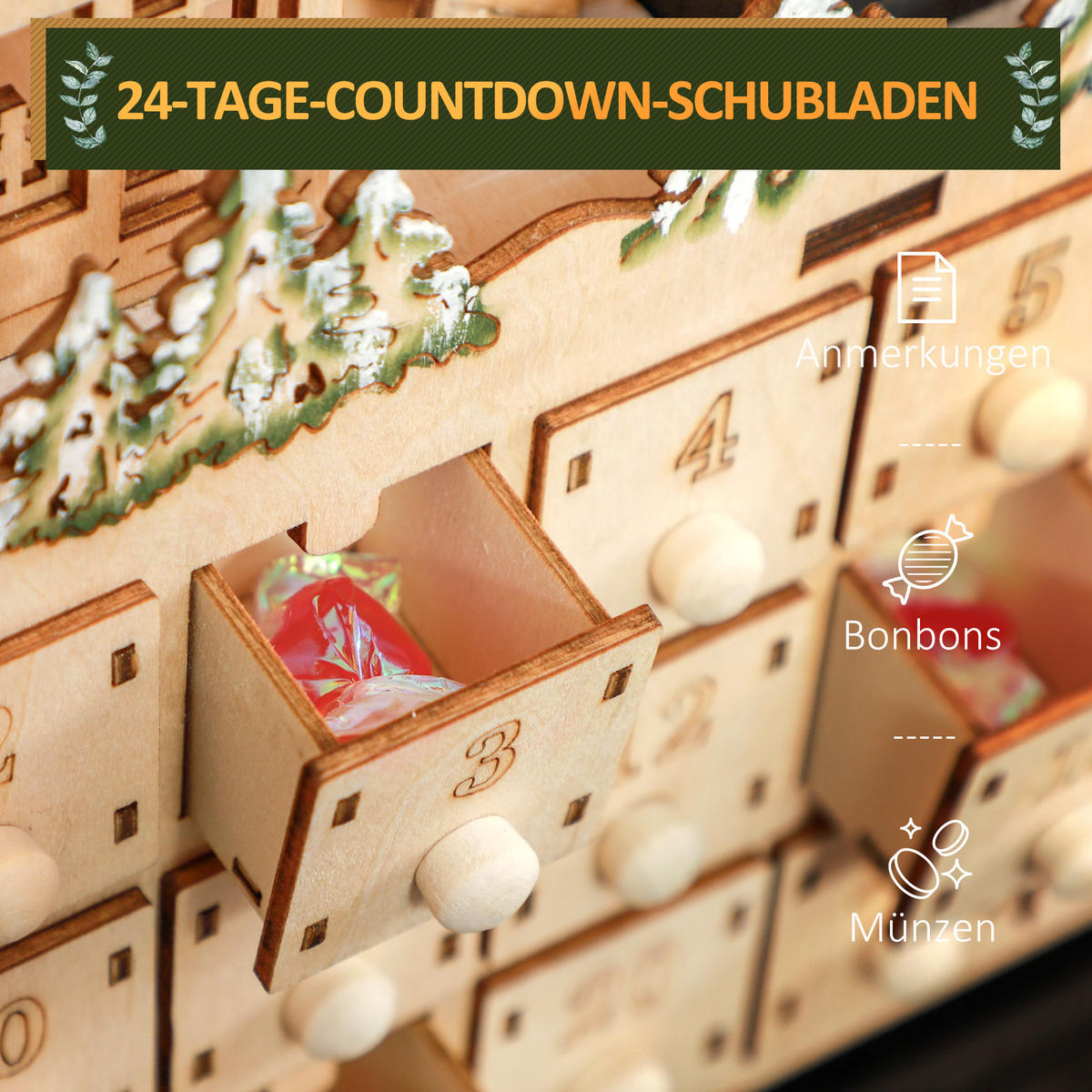 ADVENTSKALENDER Weihnachtskalender 24 Schubladen mit LED-Lichtern MDF Naturholz - Naturfarben, Kunststoff (9/42.5/45cm) - HOMCOM