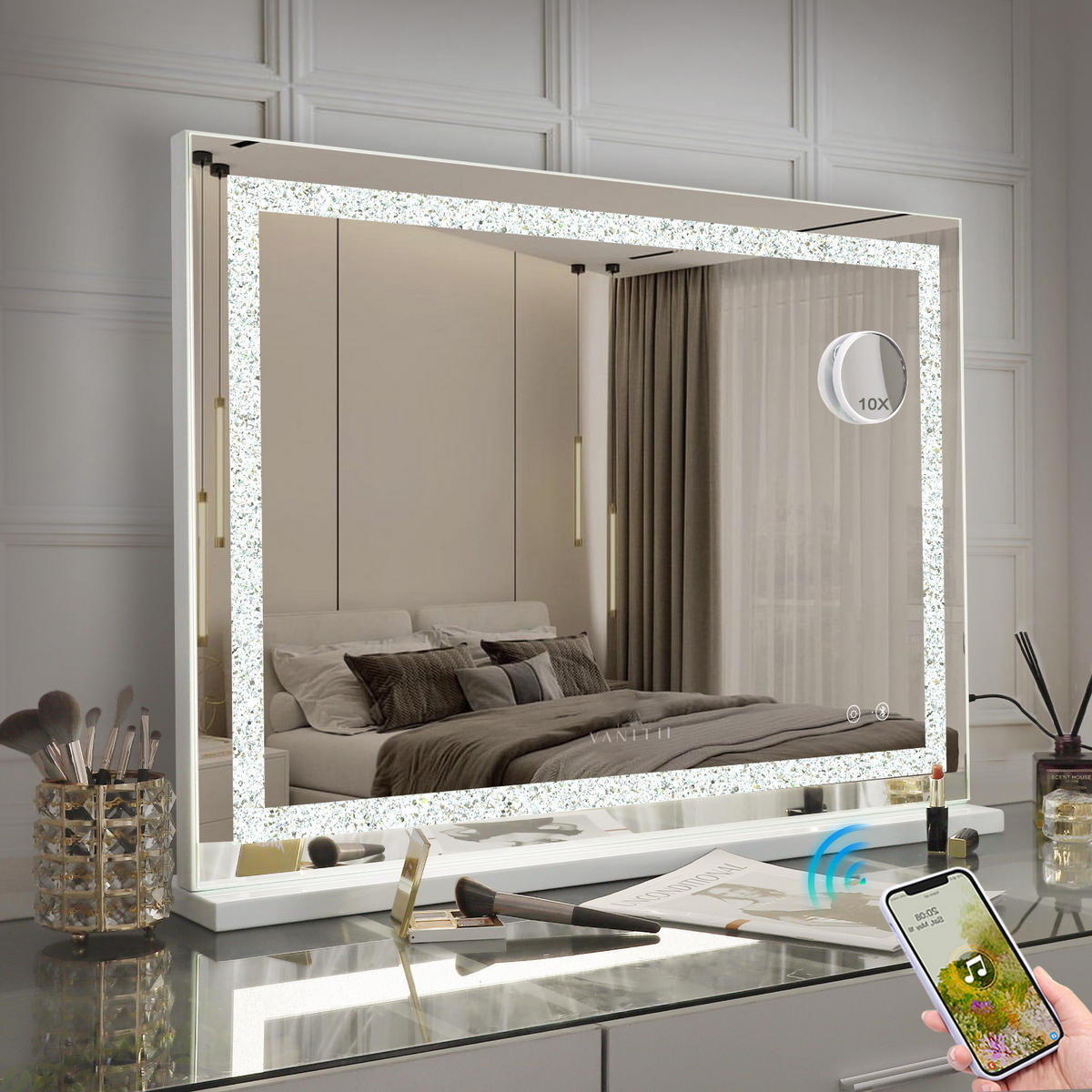SCHMINKSPIEGEL mit Beleuchtung LED Lichtleiste gestreute Diamanten und Bluetooth weiß 80/58 cm - Weiß, Metall (80/58/3cm) - VANITII