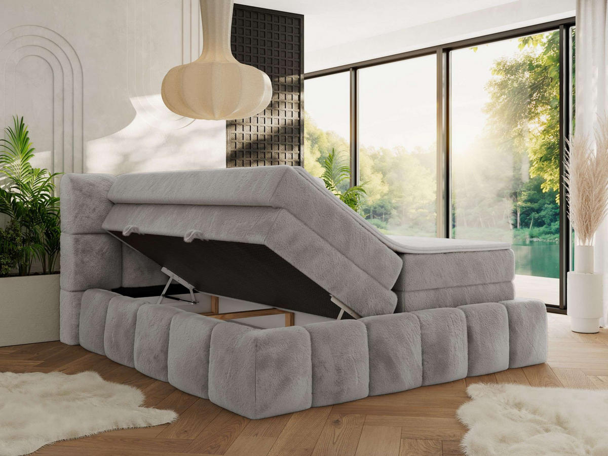 BOXSPRINGBETT NIRA KING 180/200 Hellgrau Plüsch - H3 - Hellgrau, Holz/Textil (180/200cm) - MKS