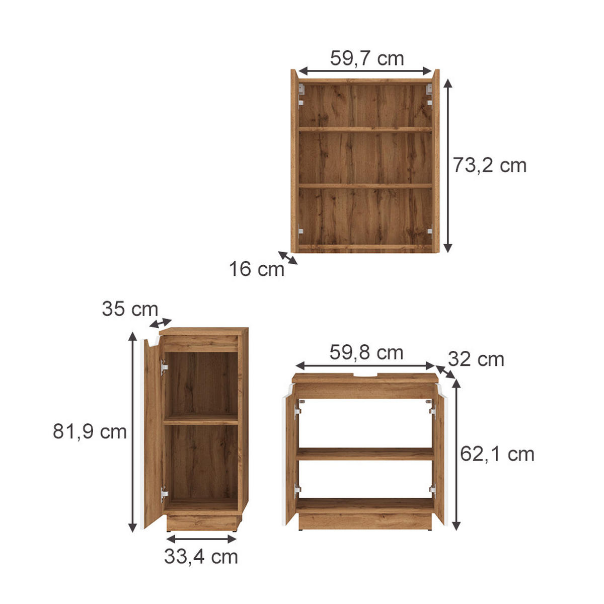 BADMÖBEL-SET Lotta Eiche/weiß gestreift 3 Teile - Eichefarben/Weiß, Holzwerkstoff (59.8/62.1/32cm) - Vicco