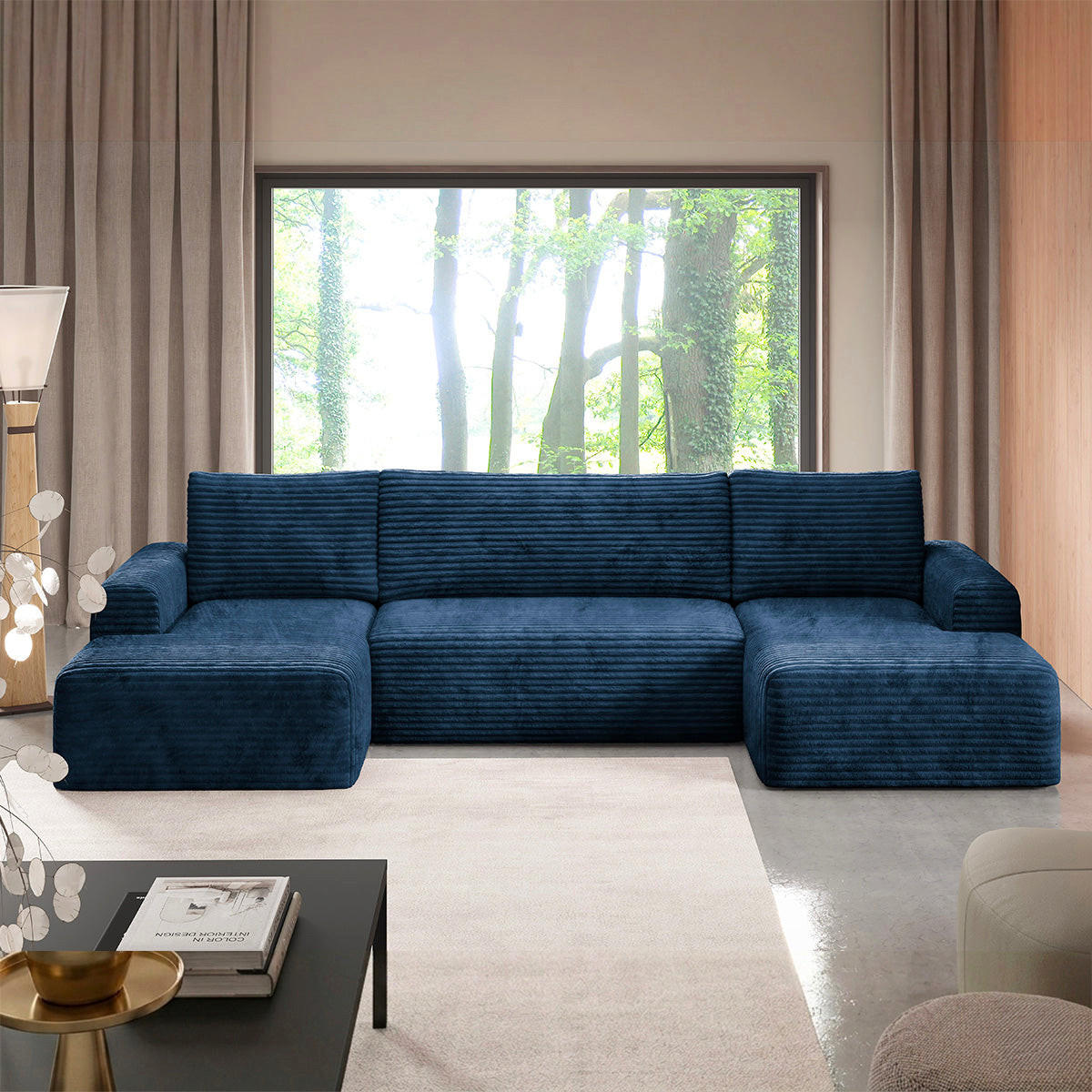 PANORAMASOFA Romeo 5 Sitzplätze Dunkelblau - Blau, Holz (345/92/163cm) - Petits-meubles